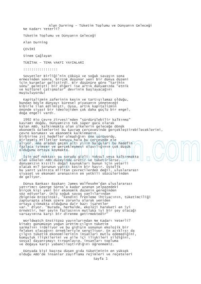 Cover of Alan Durning - Tüketim Toplumu Ve Dünyanın Geeceği.pdf
